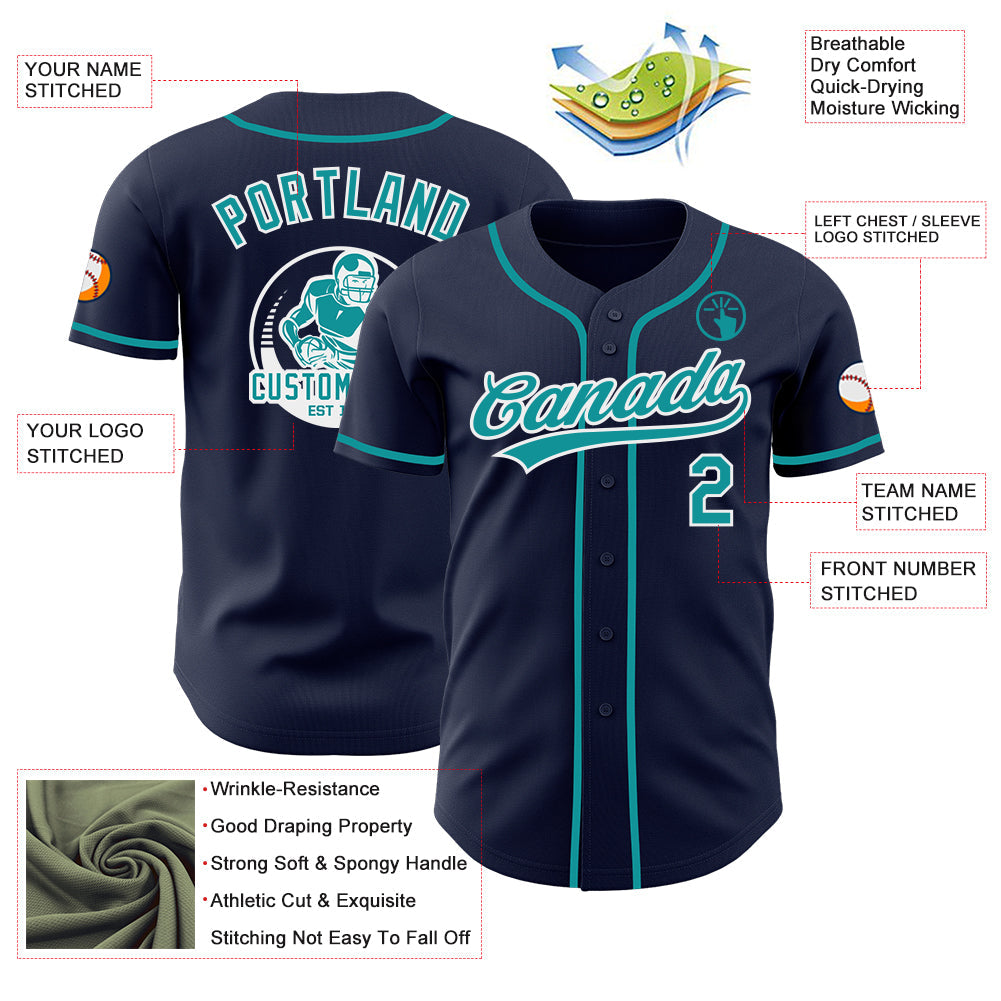 Custom Navy Teal-White Authentic Baseball Jersey view 3
