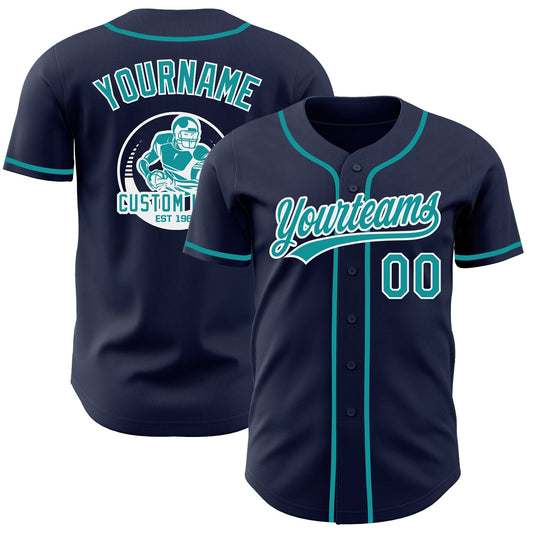 Custom Navy Teal-White Authentic Baseball Jersey - Main View