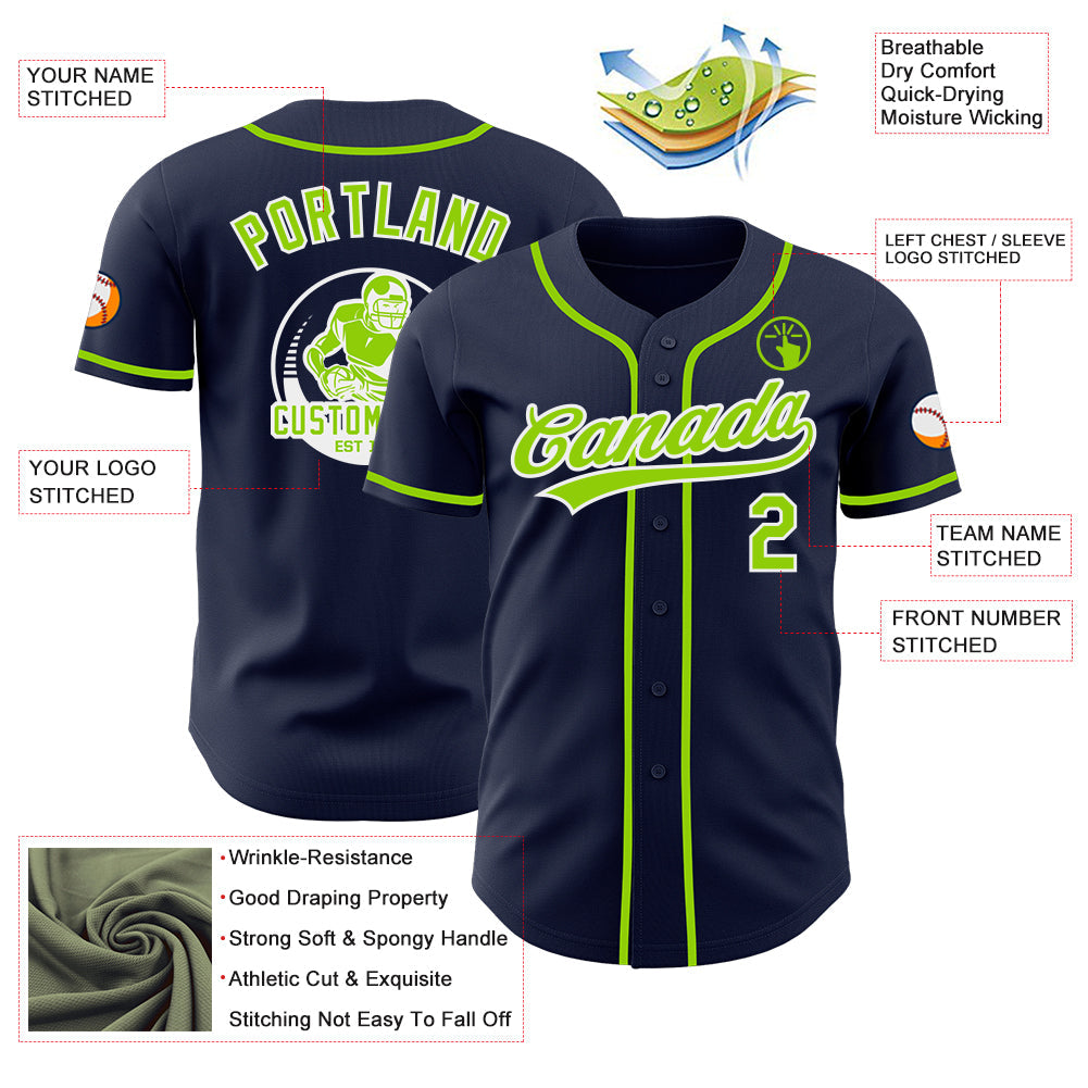 Custom Navy Neon Green-White Authentic Baseball Jersey view 3