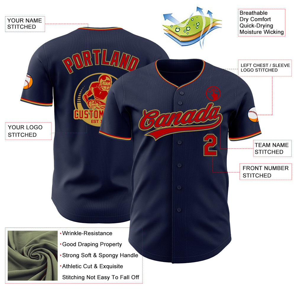 Custom Navy Red-Old Gold Authentic Baseball Jersey view 3