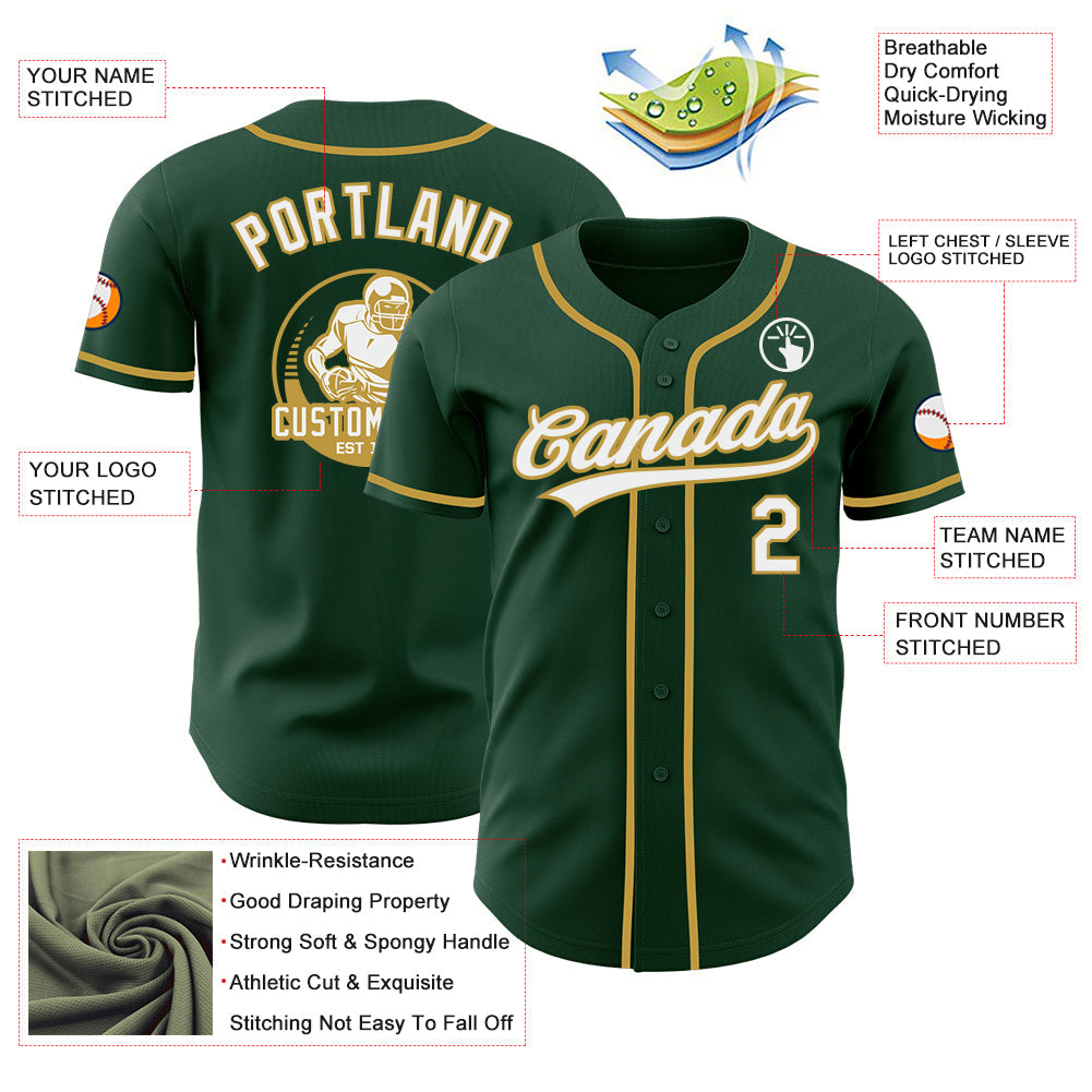 Custom Green White-Old Gold Authentic Baseball Jersey view 3