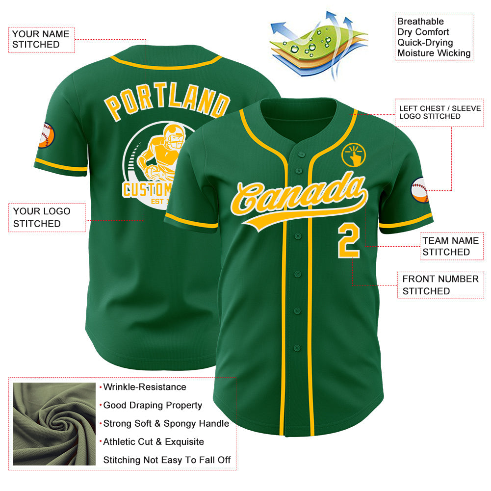 Custom Kelly Green Gold-White Authentic Baseball Jersey view 3