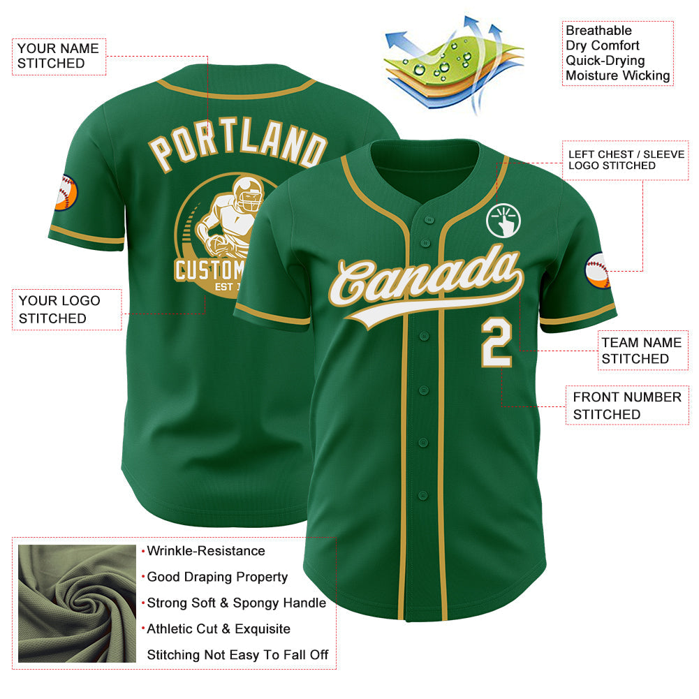 Custom Kelly Green White-Old Gold Authentic Baseball Jersey view 3