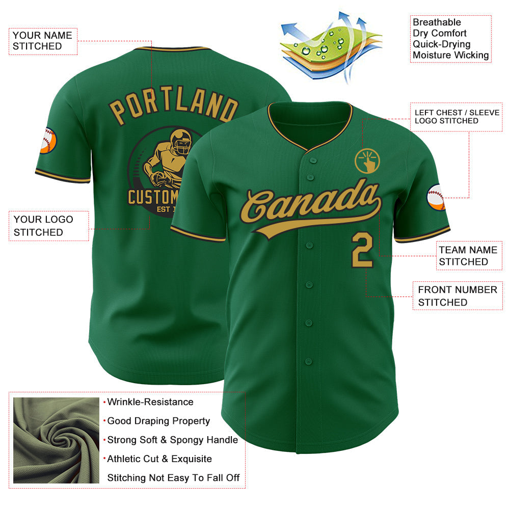 Custom Kelly Green Old Gold-Black Authentic Baseball Jersey view 3