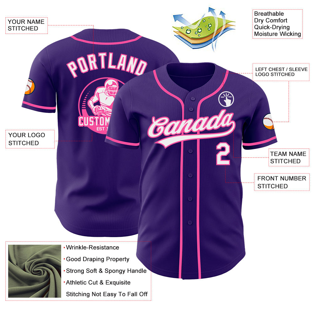 Custom Purple White-Pink Authentic Baseball Jersey view 3