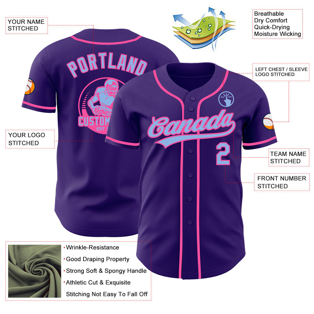 Custom Purple Light Blue-Pink Authentic Baseball Jersey view 3