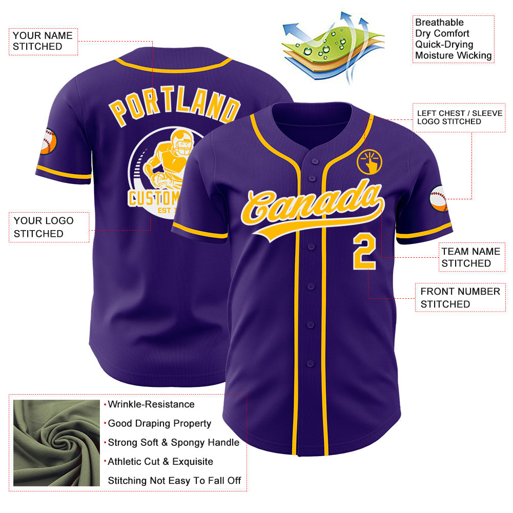Custom Purple Gold-White Authentic Baseball Jersey view 3