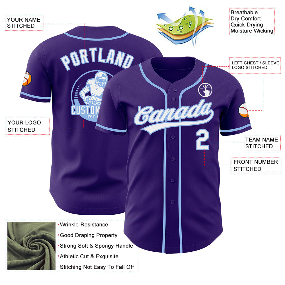 Custom Purple White-Light Blue Authentic Baseball Jersey view 3