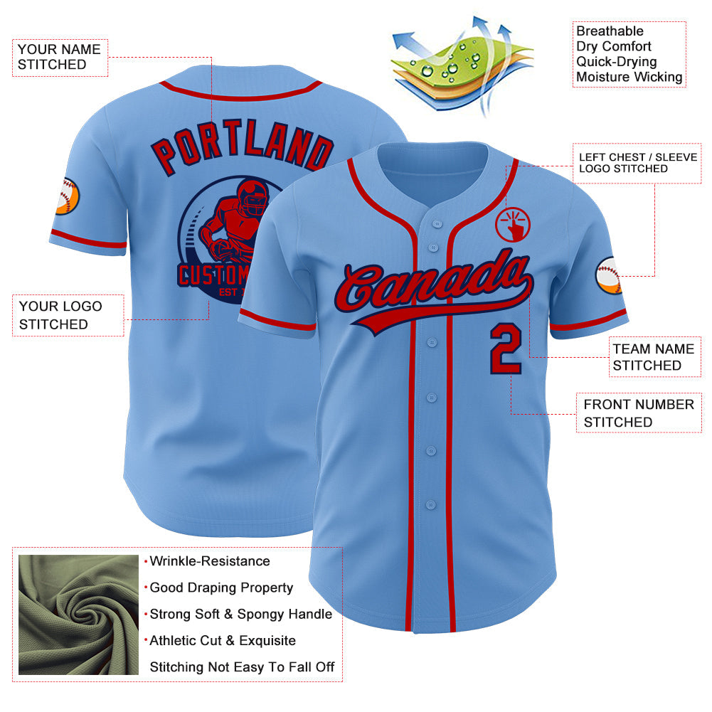 Custom Light Blue Red-Navy Authentic Baseball Jersey view 3