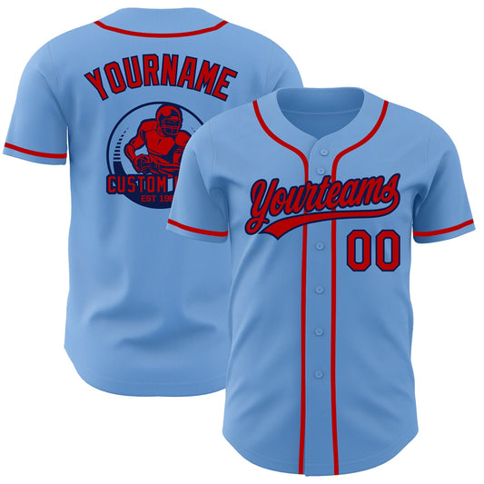 Custom Light Blue Red-Navy Authentic Baseball Jersey - Main View