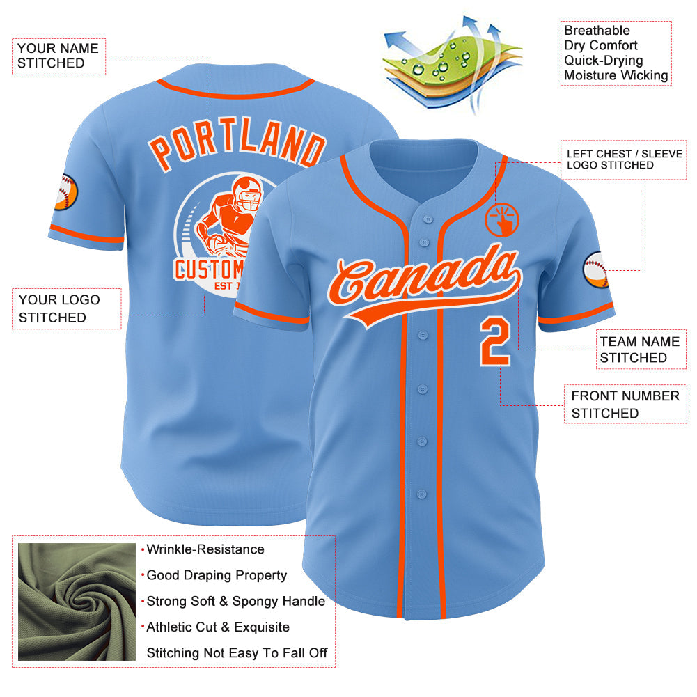Custom Light Blue Orange-White Authentic Baseball Jersey view 3