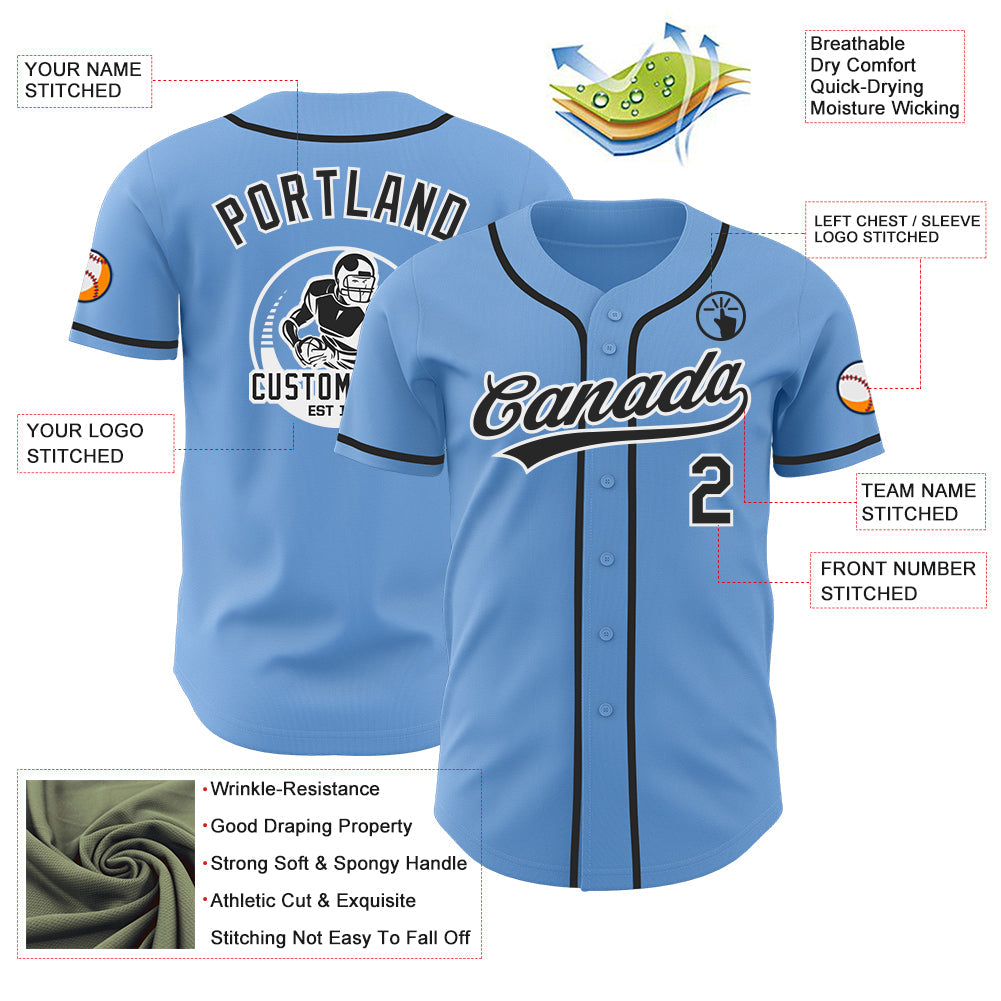 Custom Light Blue Black-White Authentic Baseball Jersey view 3