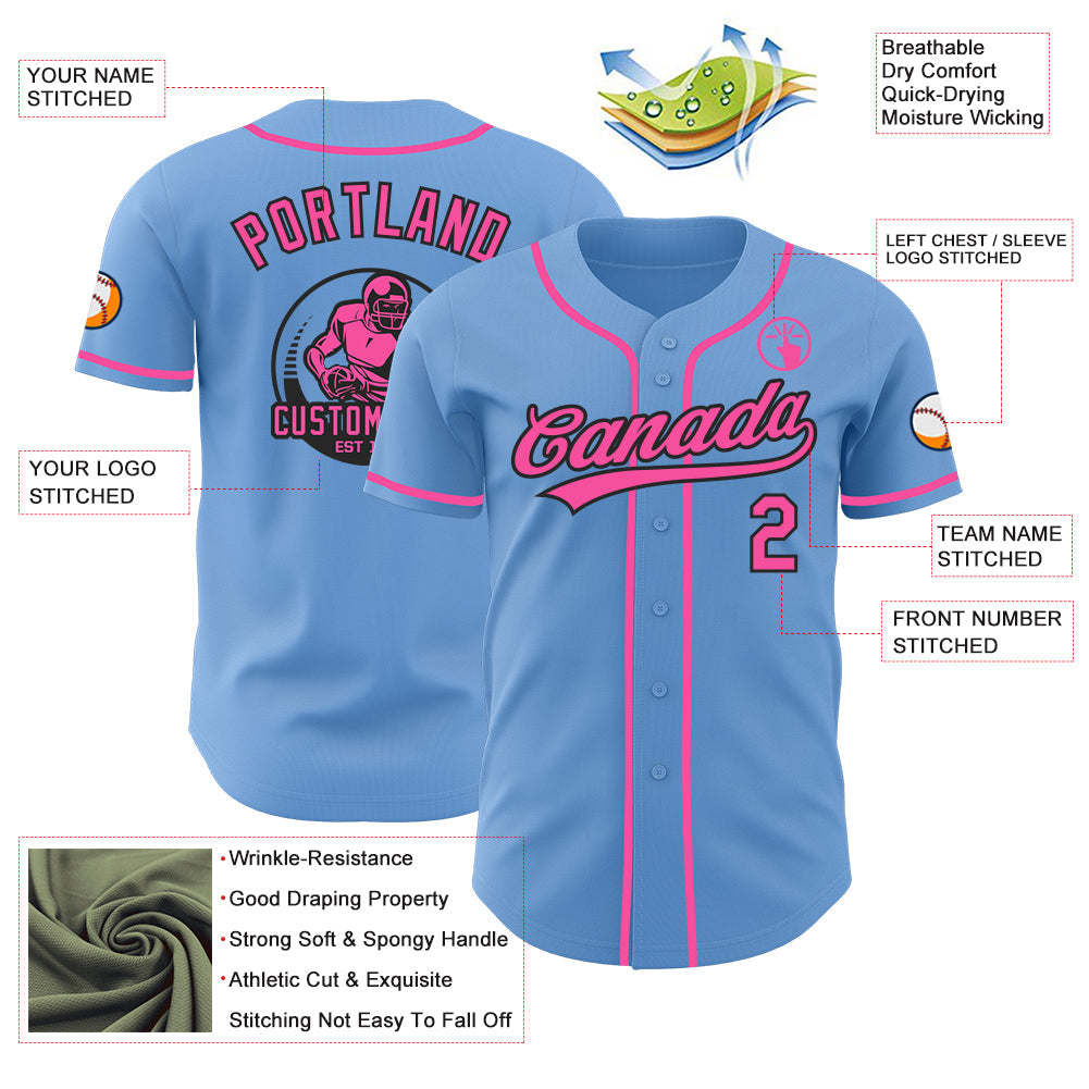 Custom Light Blue Pink-Black Authentic Baseball Jersey view 3