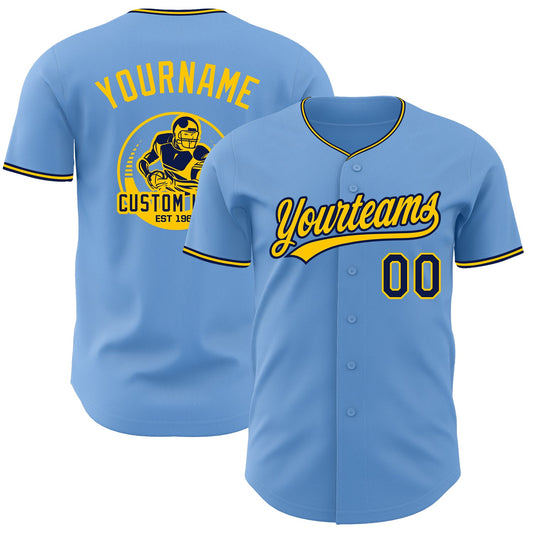 Custom Light Blue Navy-Yellow Authentic Baseball Jersey - Main View