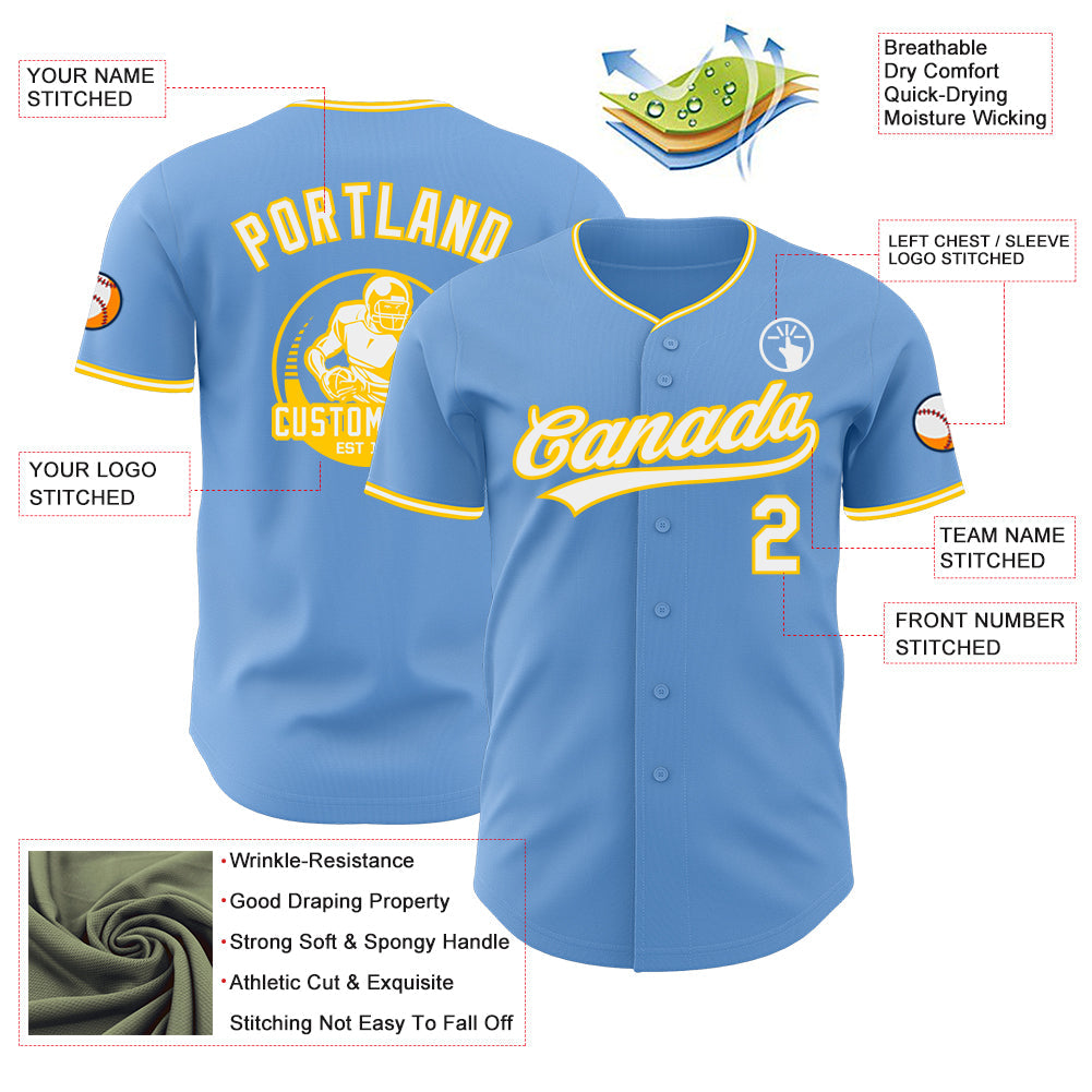 Custom Light Blue White-Yellow Authentic Baseball Jersey view 3