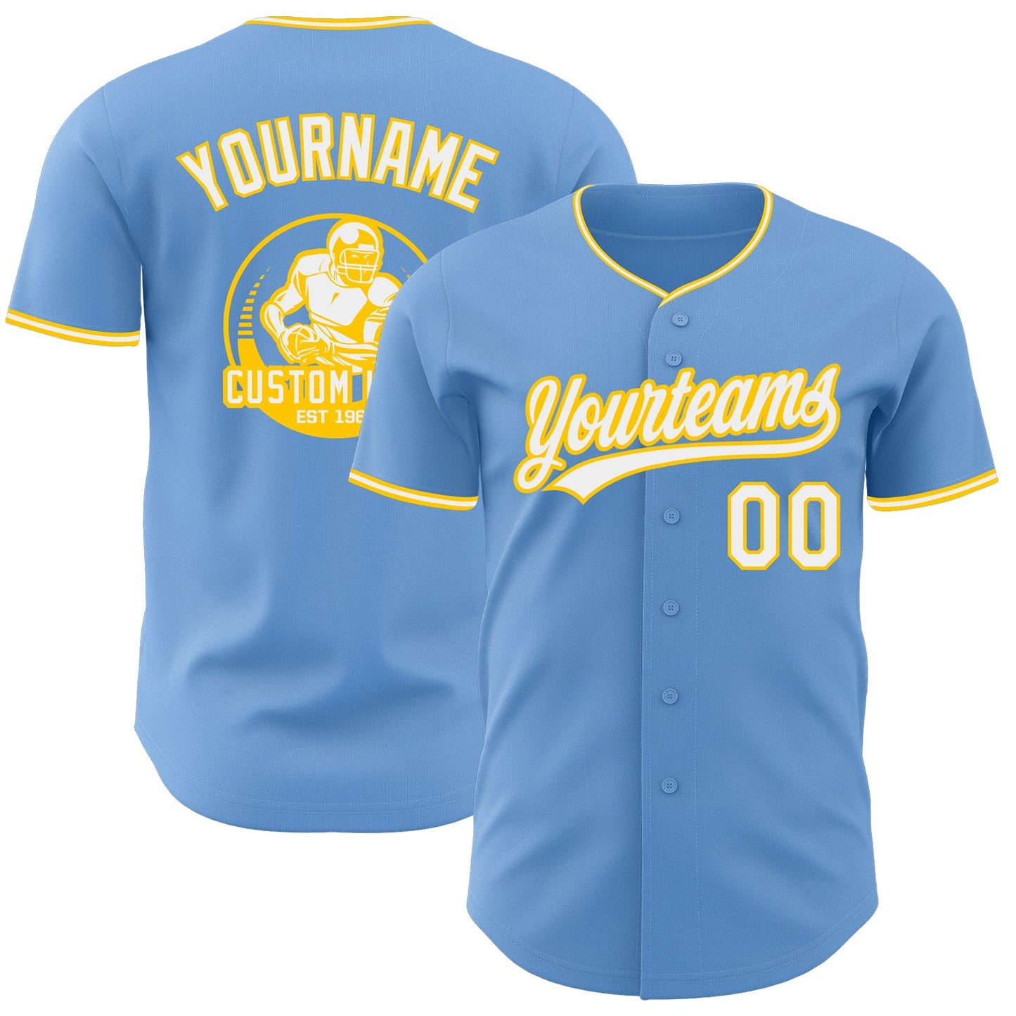 Custom Light Blue White-Yellow Authentic Baseball Jersey - Main View