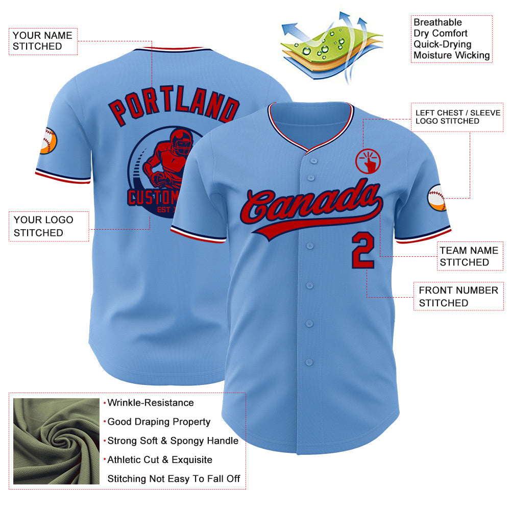 Custom Light Blue Red Navy-White Authentic Baseball Jersey view 3