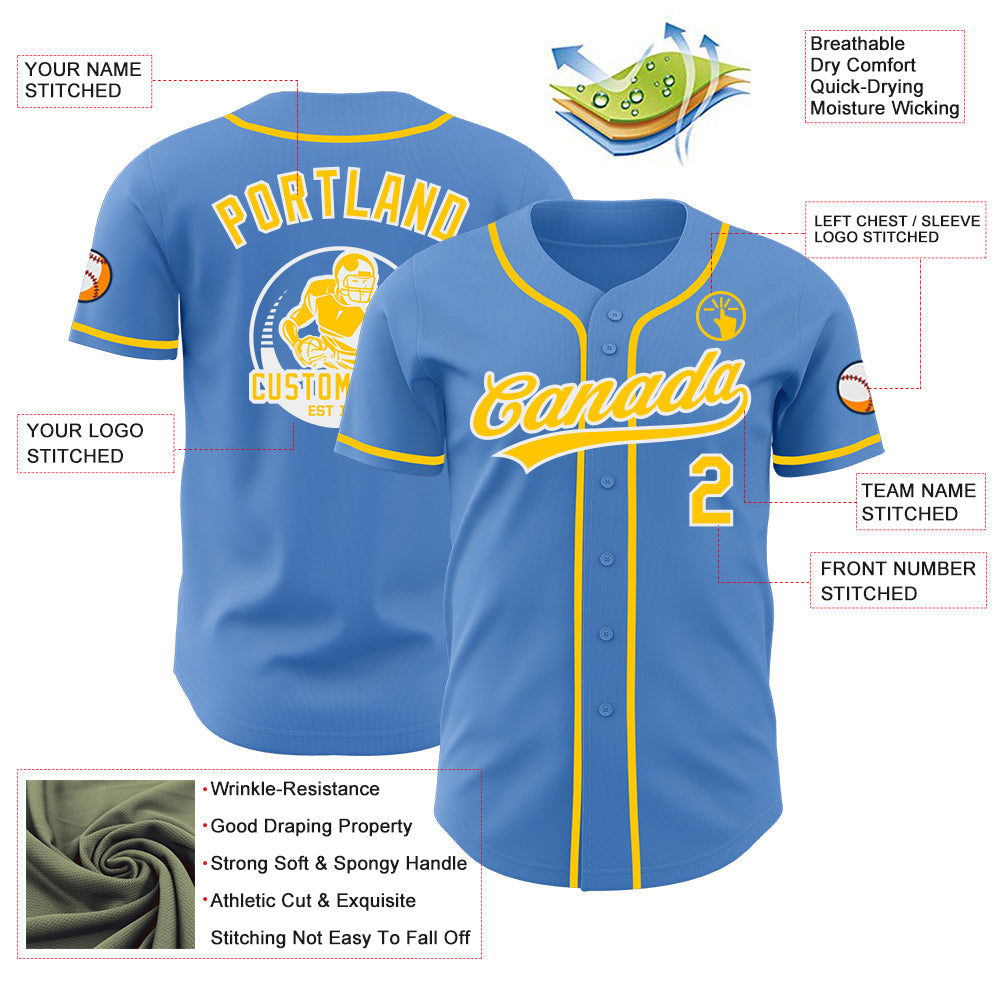 Custom Powder Blue Yellow-White Authentic Baseball Jersey view 3
