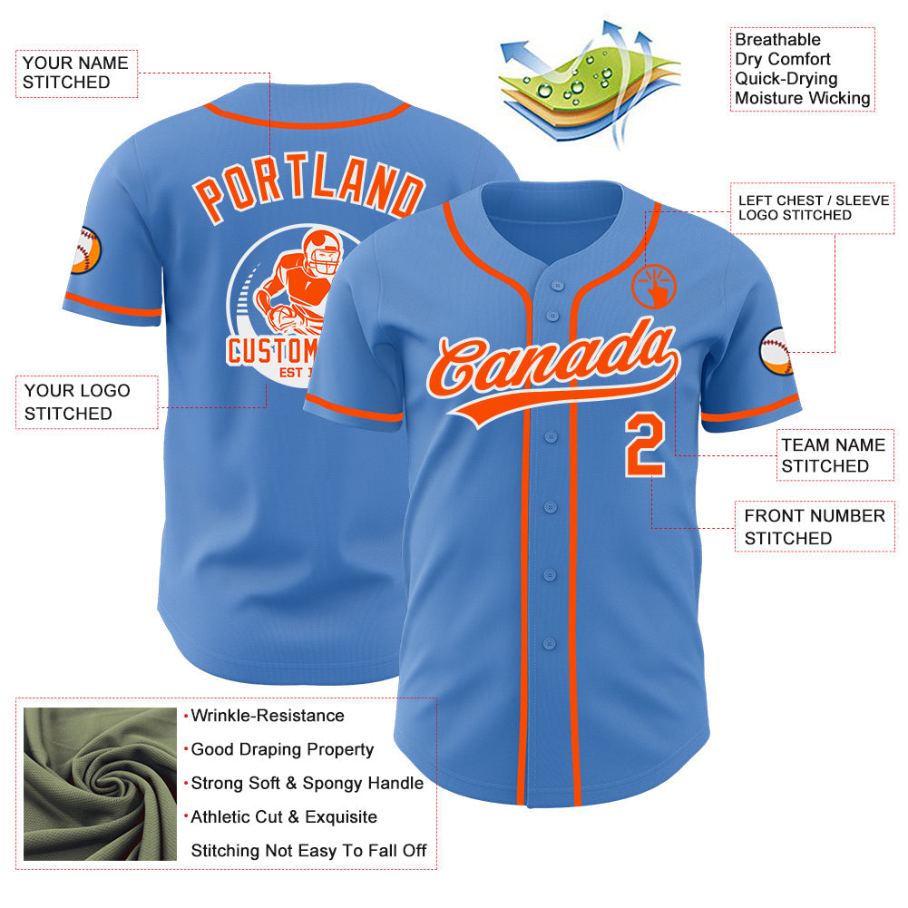 Custom Powder Blue Orange-White Authentic Baseball Jersey view 3