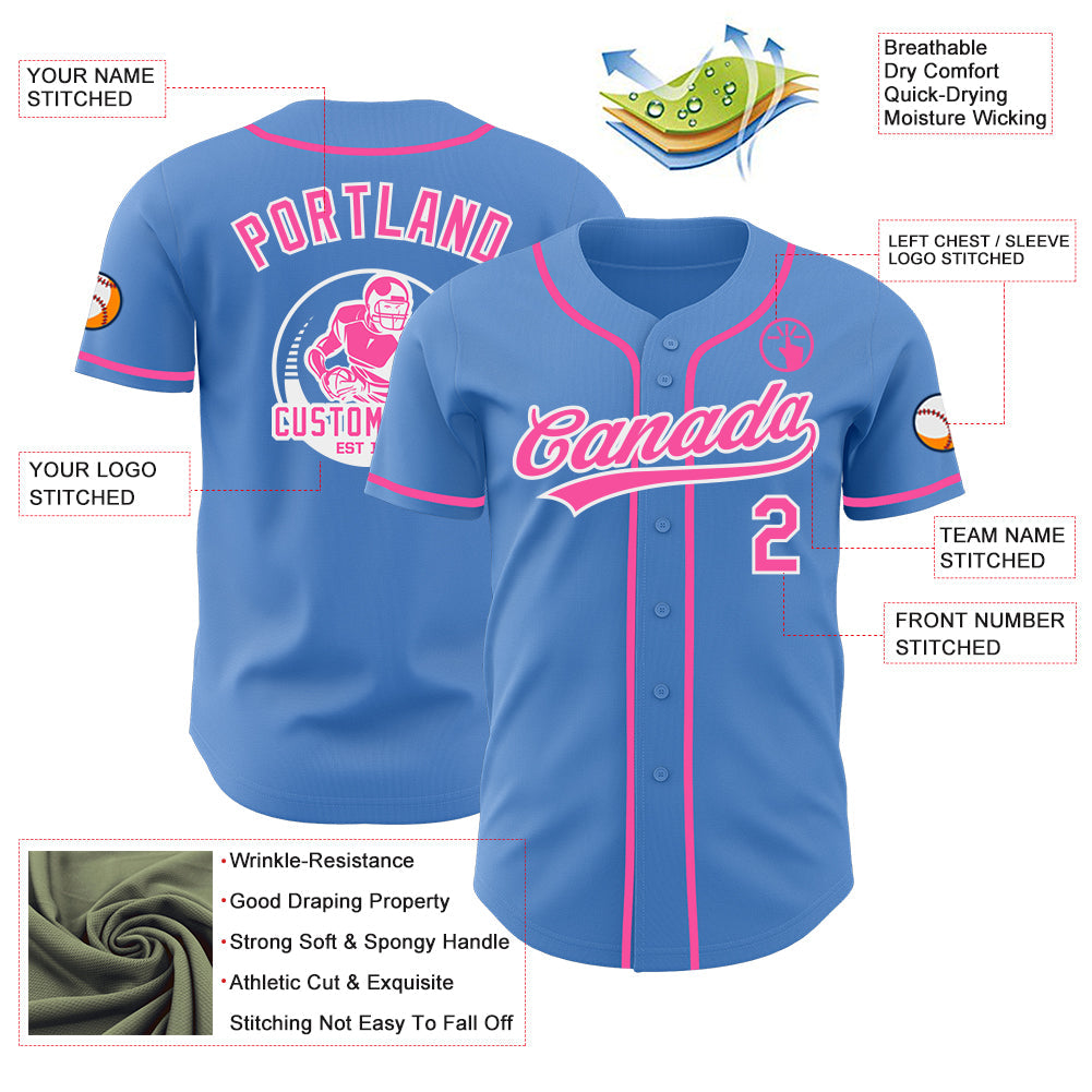 Custom Powder Blue Pink-White Authentic Baseball Jersey view 3