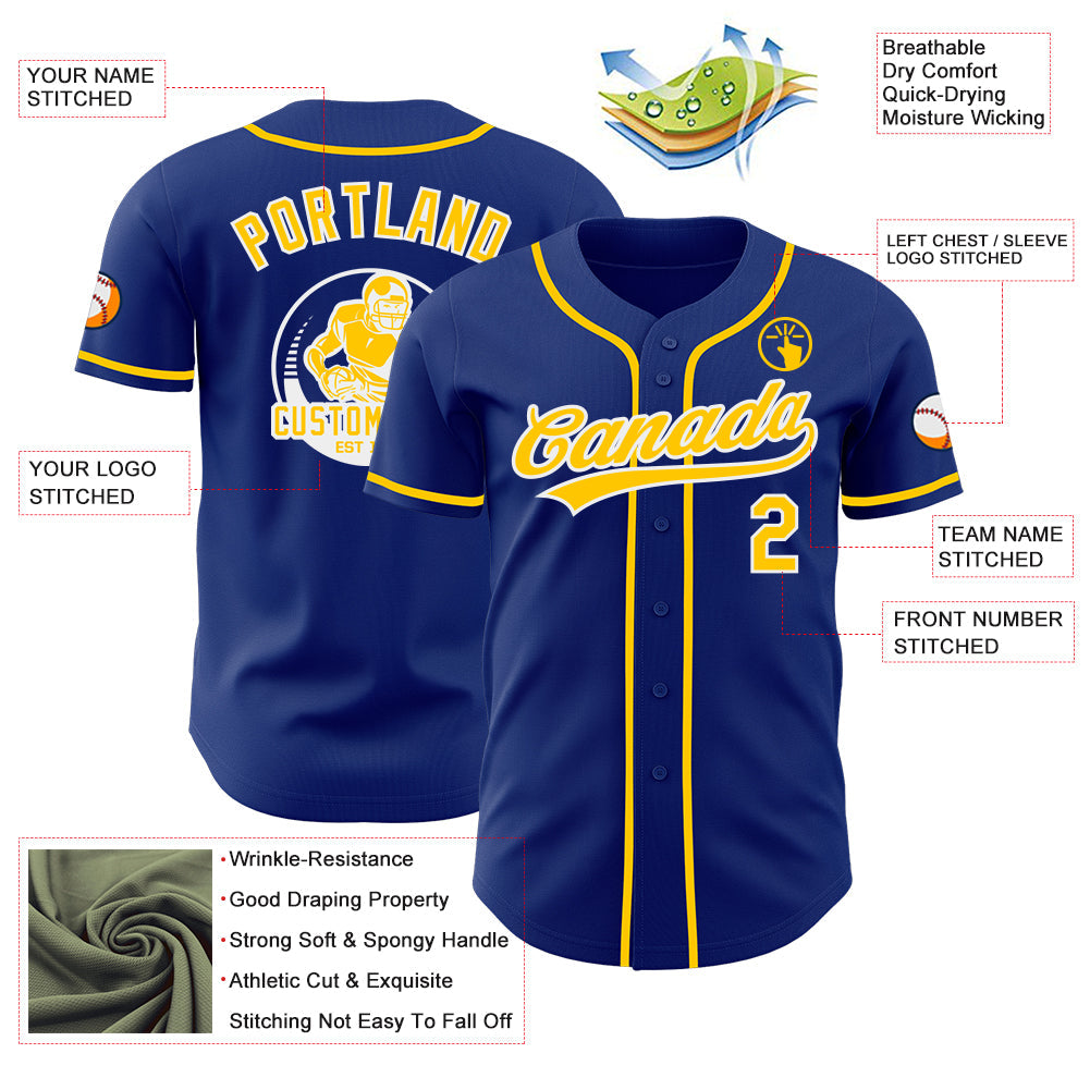 Custom Royal Yellow-White Authentic Baseball Jersey view 3