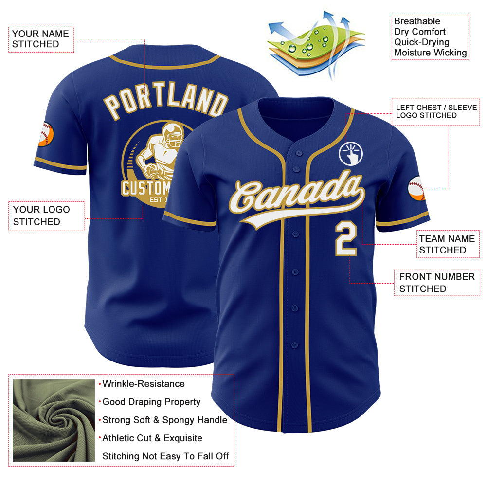 Custom Royal White-Old Gold Authentic Baseball Jersey view 3
