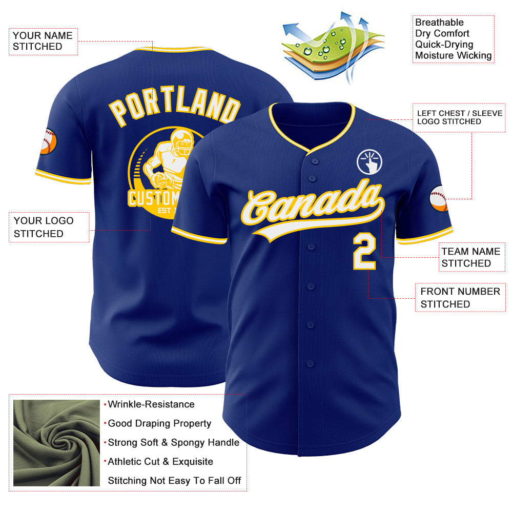 Custom Royal White-Yellow Authentic Baseball Jersey view 3