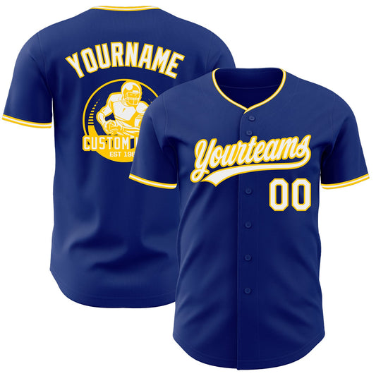 Custom Royal White-Yellow Authentic Baseball Jersey - Main View