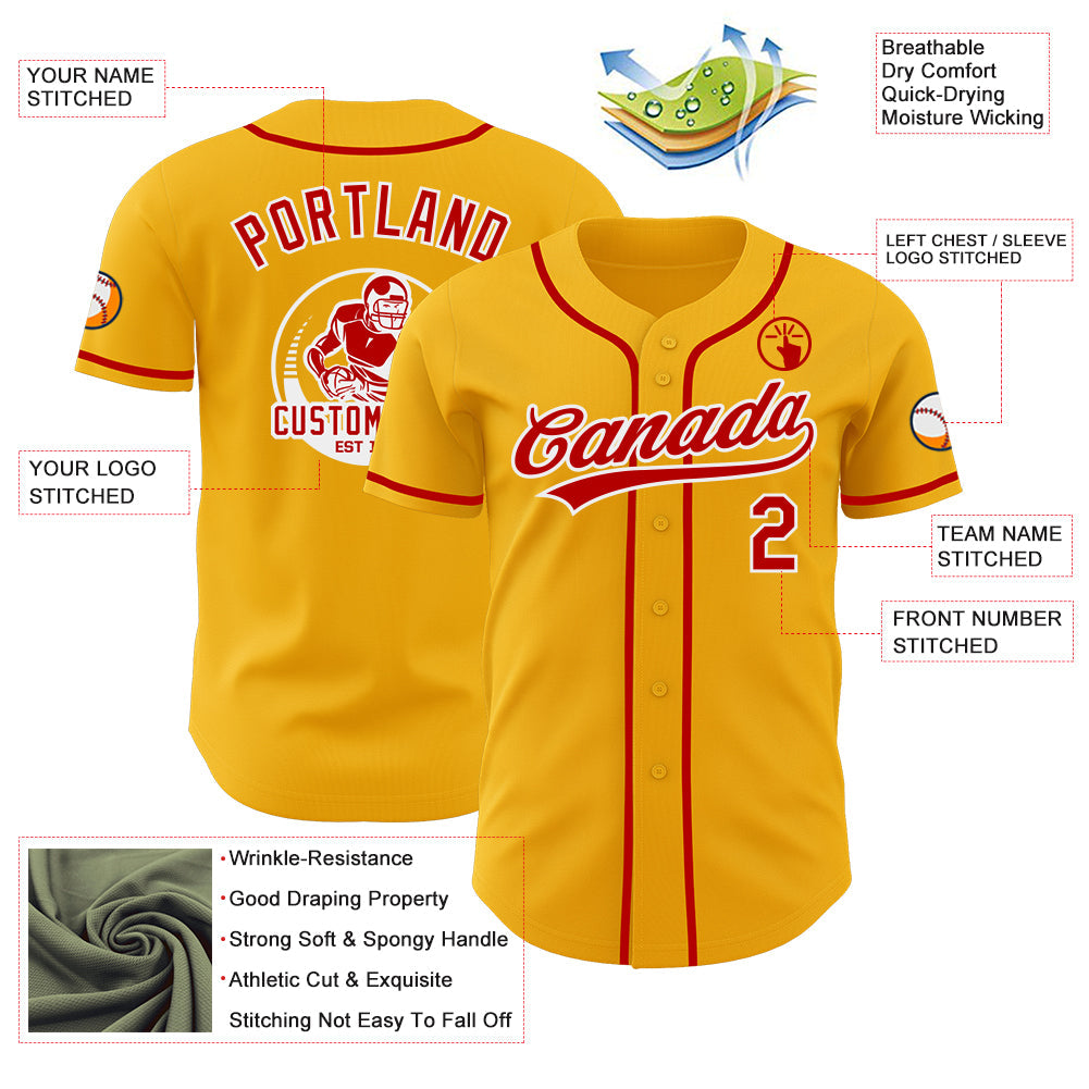 Custom Gold Red-White Authentic Baseball Jersey view 3