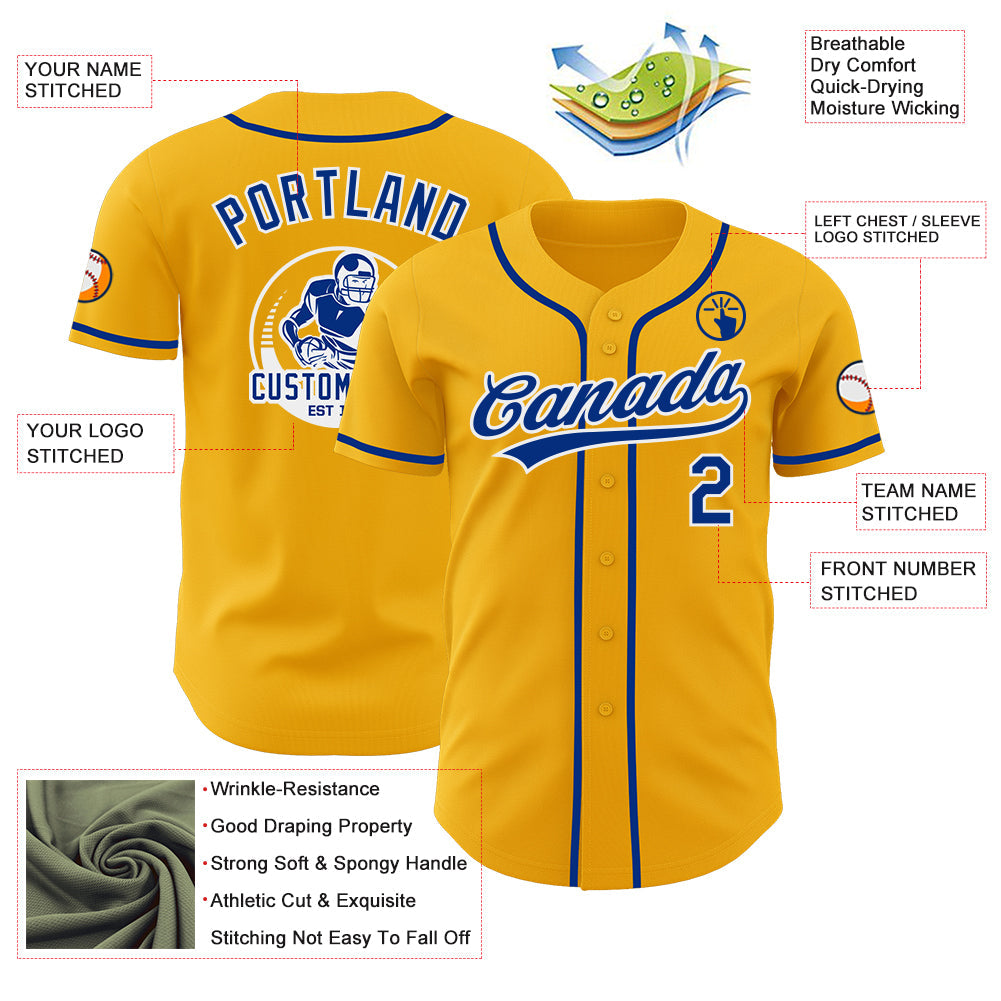 Custom Gold Royal-White Authentic Baseball Jersey view 3