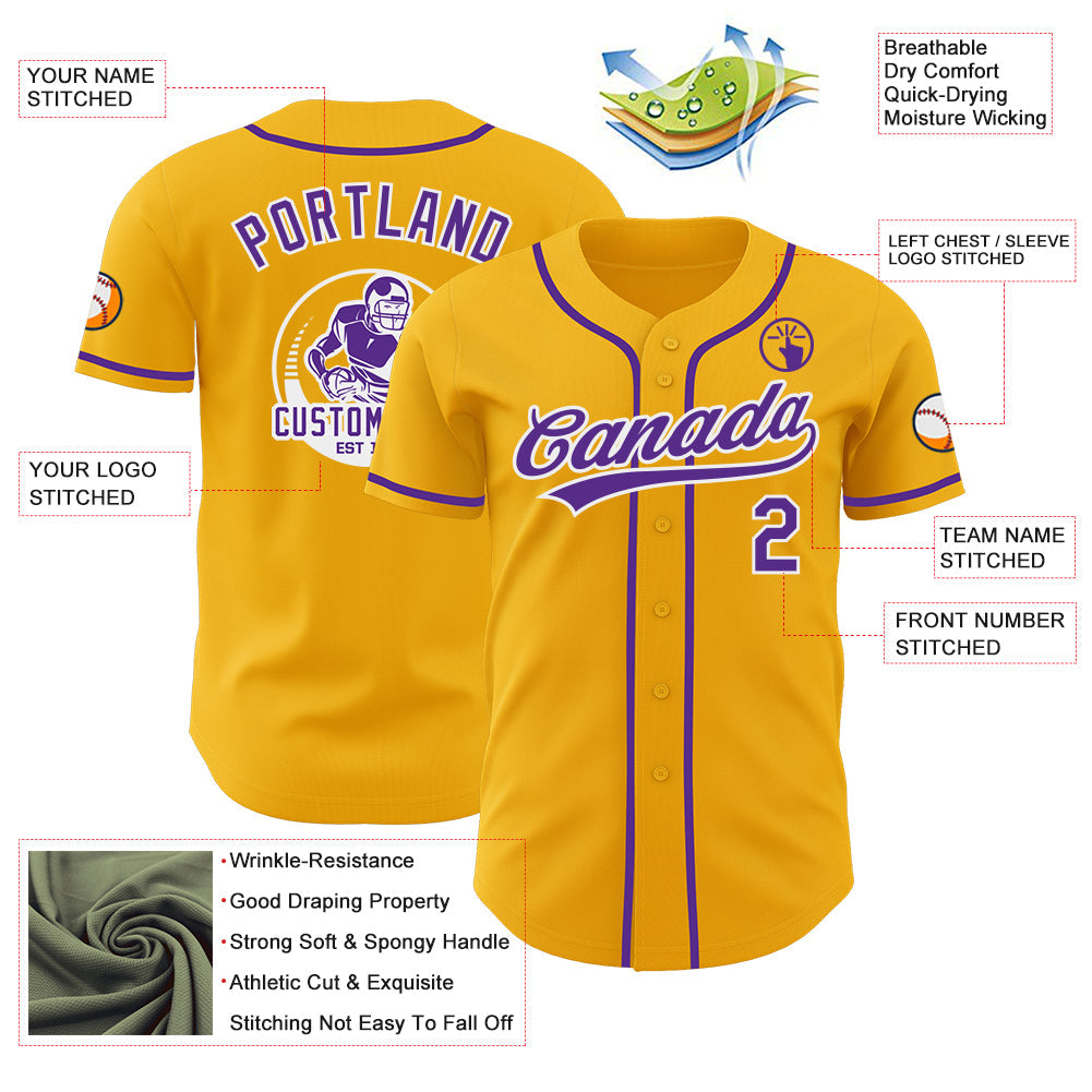 Custom Gold Purple-White Authentic Baseball Jersey view 3