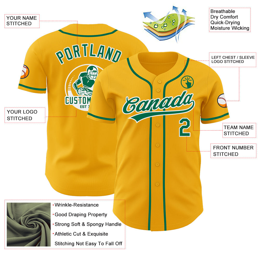 Custom Gold Kelly Green-White Authentic Baseball Jersey view 3