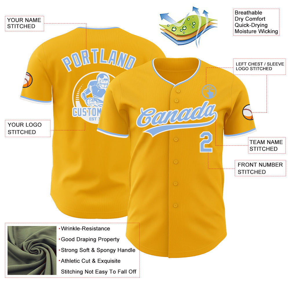 Custom Gold Light Blue-White Authentic Baseball Jersey view 3