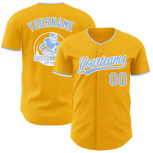 Custom Gold Light Blue-White Authentic Baseball Jersey - Main View