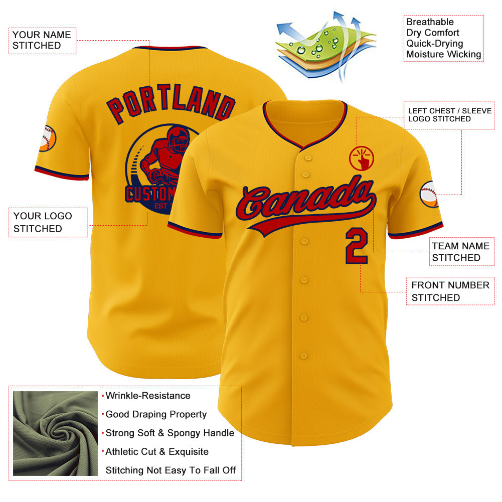 Custom Gold Red-Navy Authentic Baseball Jersey view 3