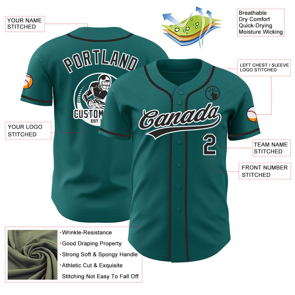 Custom Teal Black-White Authentic Baseball Jersey view 3