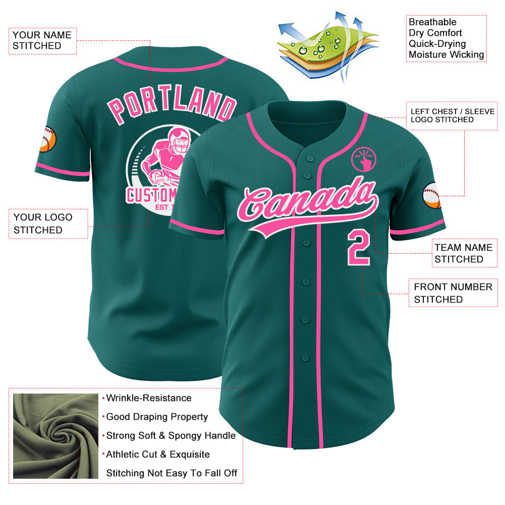 Custom Teal Pink-White Authentic Baseball Jersey view 3