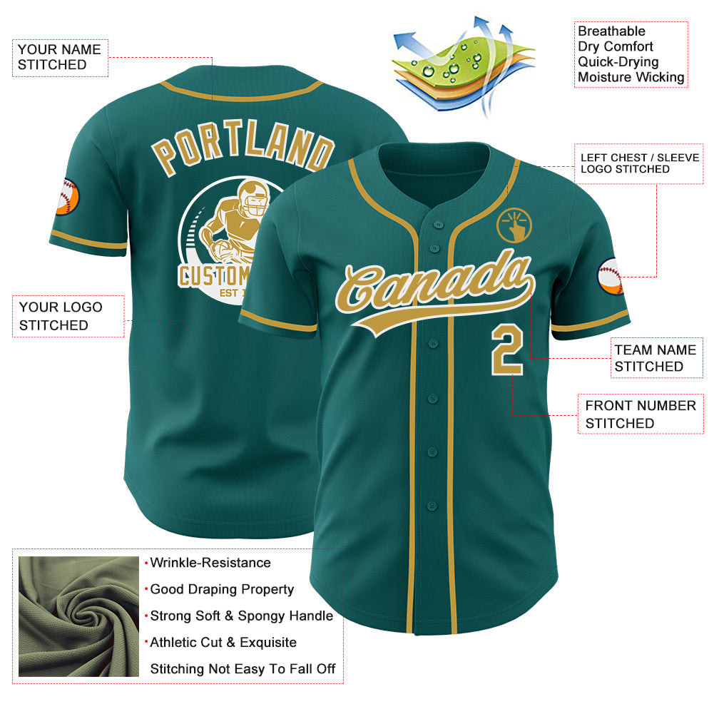 Custom Teal Old Gold-White Authentic Baseball Jersey view 3