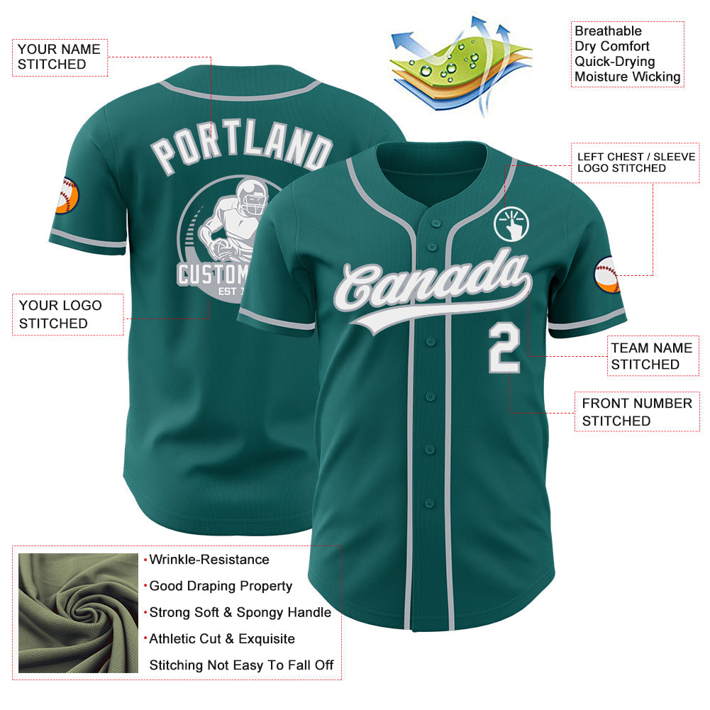 Custom Teal White-Gray Authentic Baseball Jersey view 3