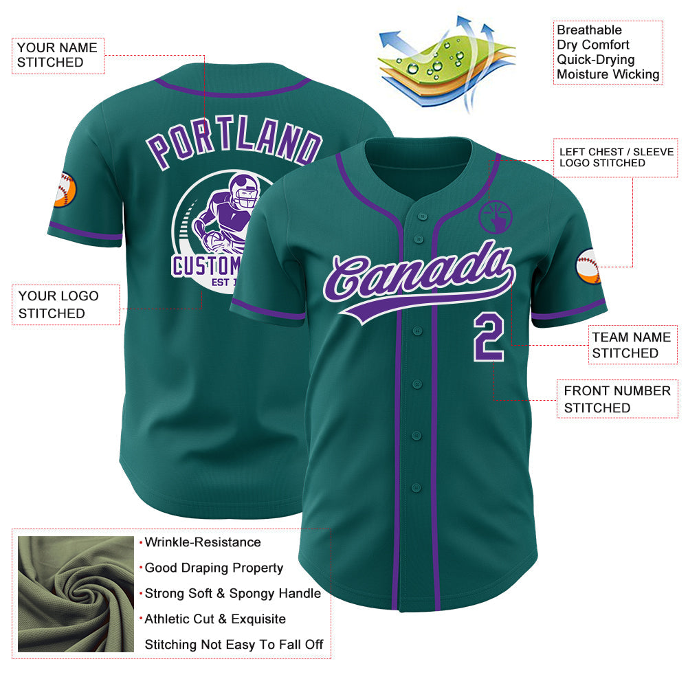 Custom Teal Purple-White Authentic Baseball Jersey view 3