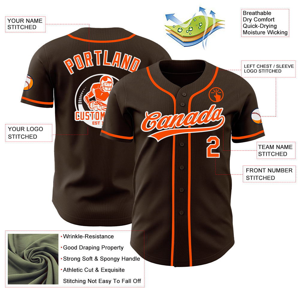 Custom Brown Orange-White Authentic Baseball Jersey view 3