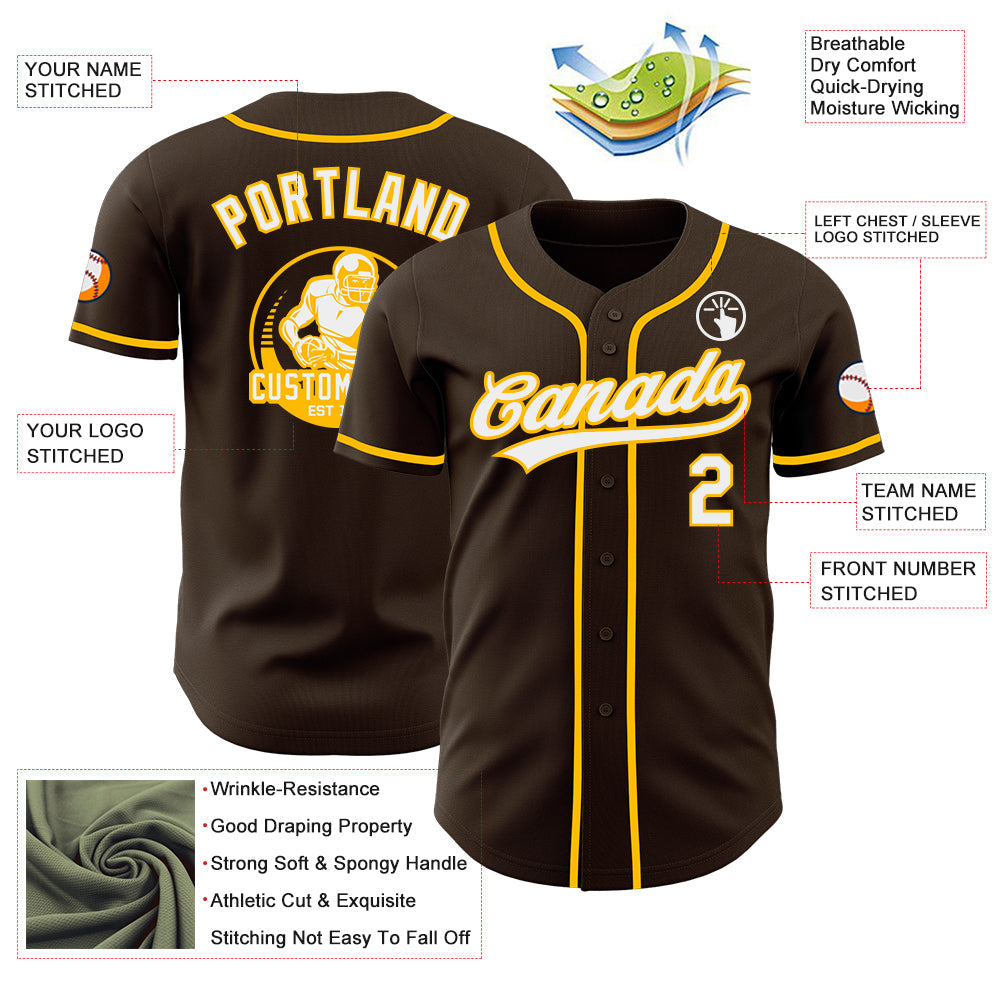 Custom Brown White-Gold Authentic Baseball Jersey view 3
