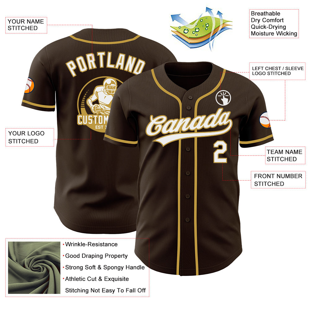 Custom Brown White-Old Gold Authentic Baseball Jersey view 3
