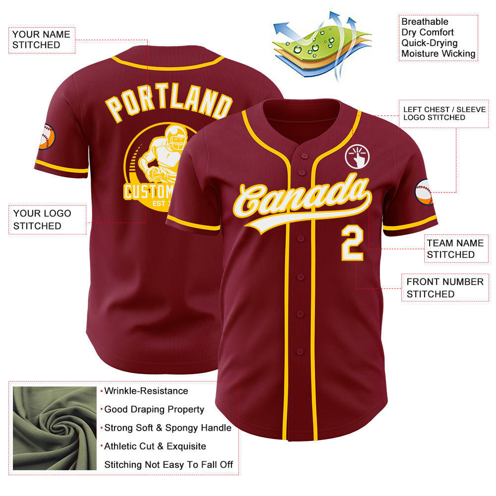 Custom Crimson White-Yellow Authentic Baseball Jersey view 3