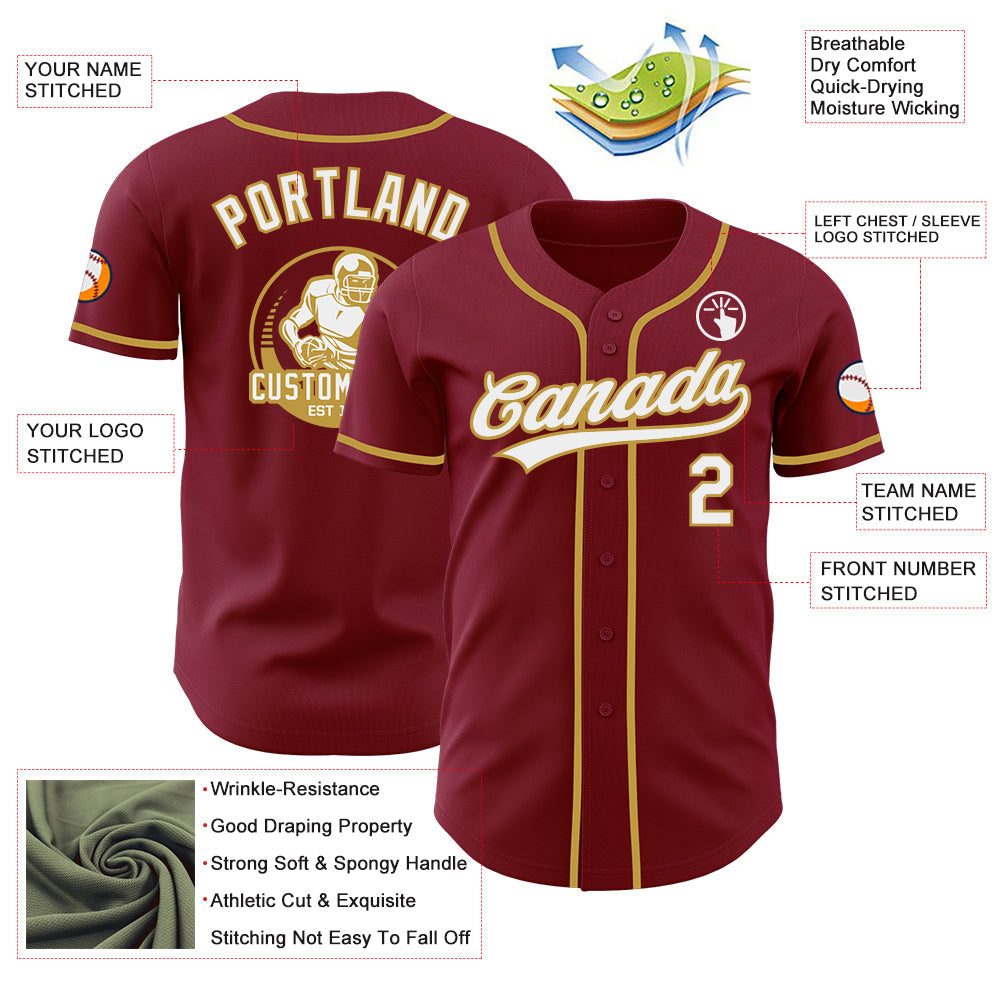 Custom Crimson White-Old Gold Authentic Baseball Jersey view 3