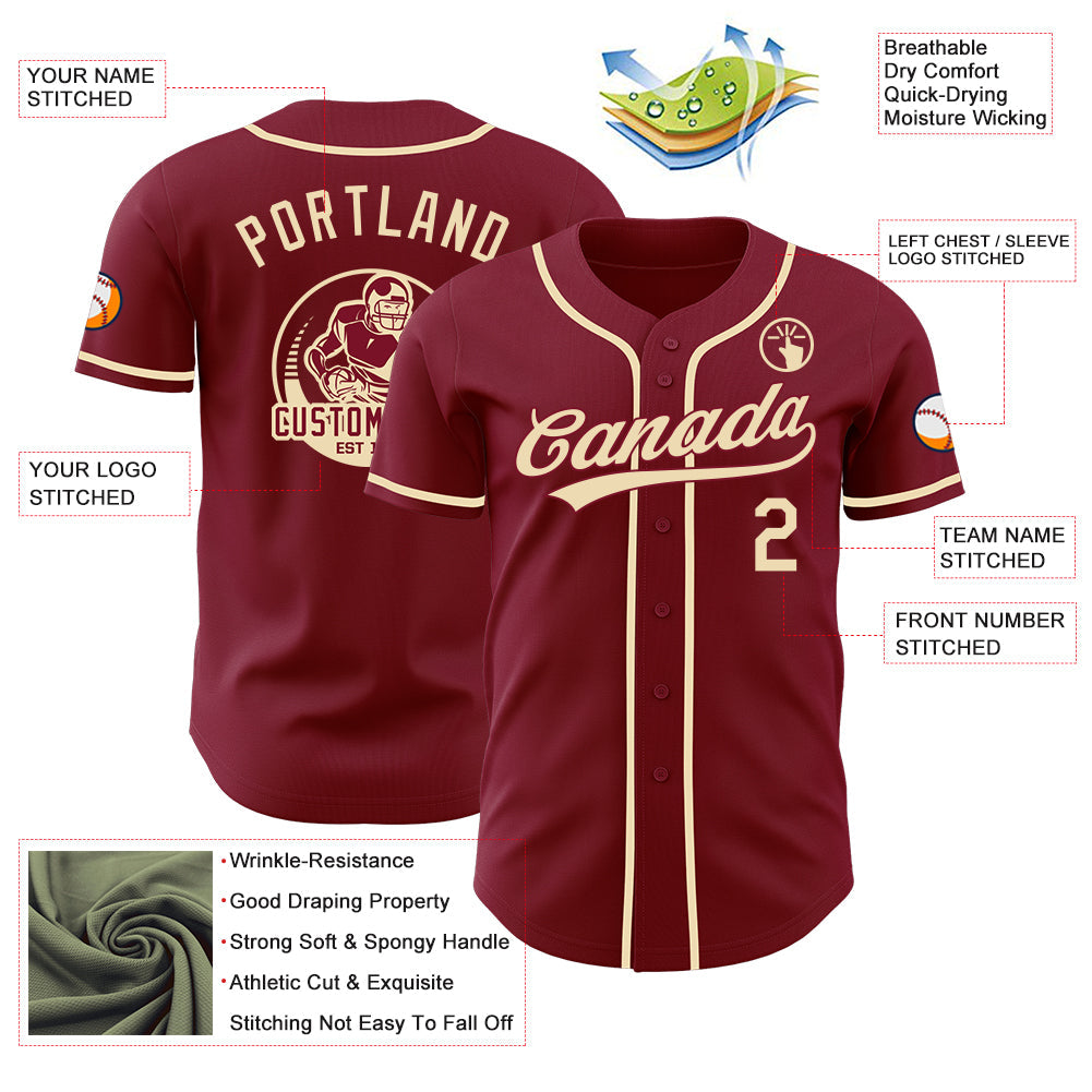Custom Crimson-Cream Authentic Baseball Jersey view 3