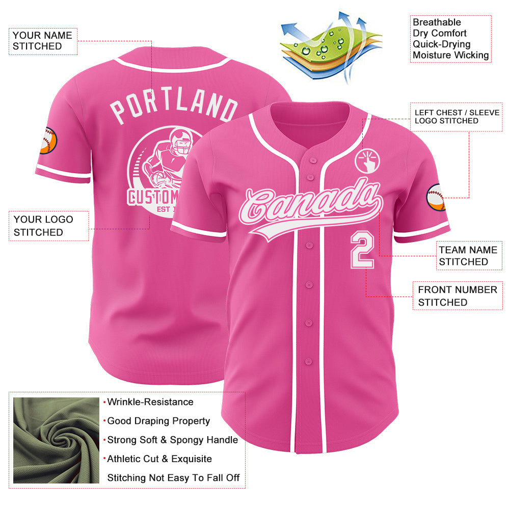 Custom Pink-White Authentic Baseball Jersey view 3