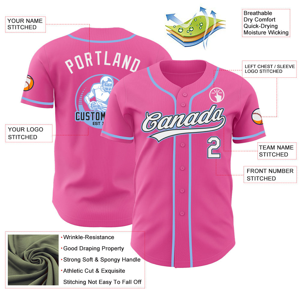 Custom Pink White Black-Light Blue Authentic Baseball Jersey view 3