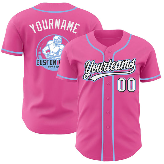Custom Pink White Black-Light Blue Authentic Baseball Jersey - Main View