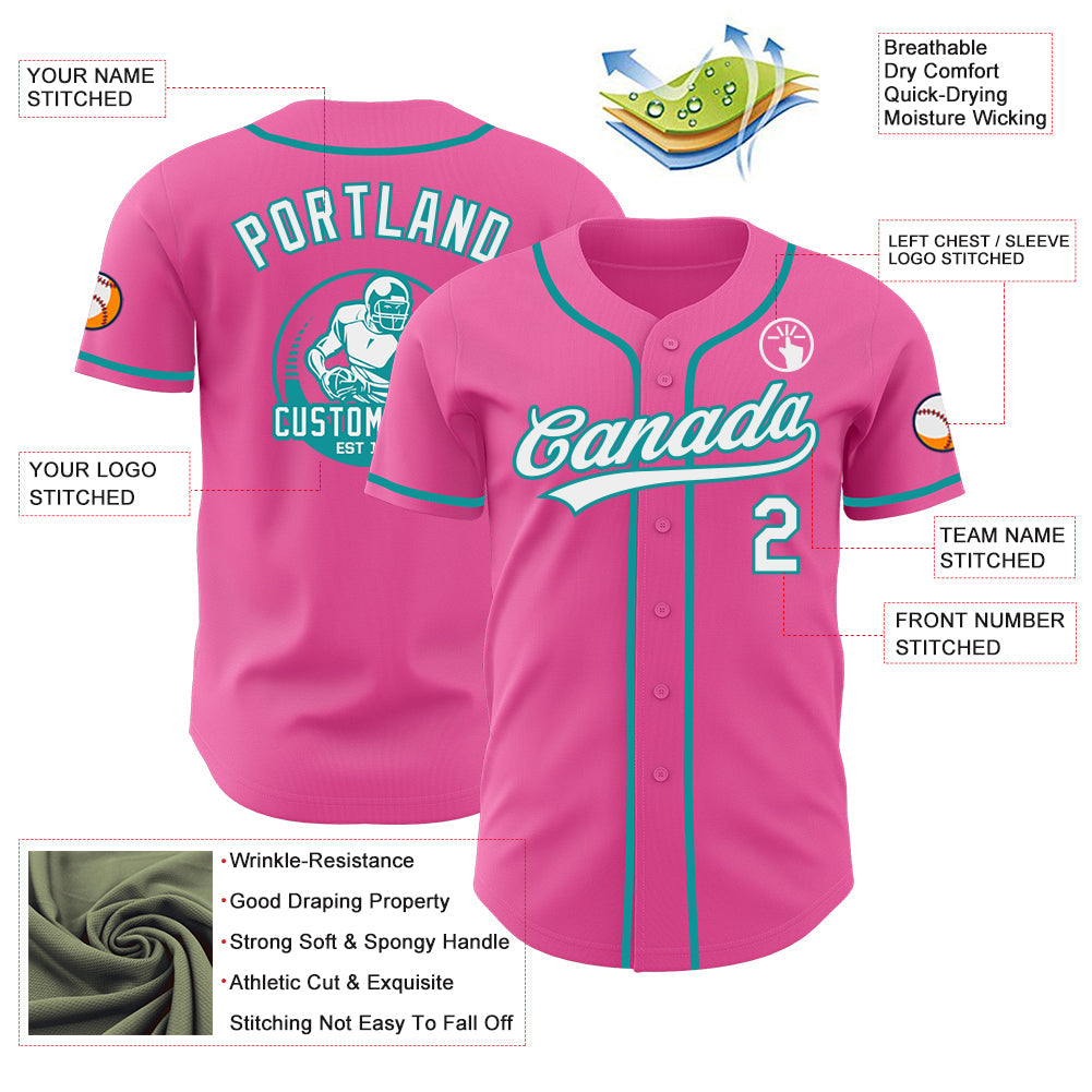 Custom Pink White-Teal Authentic Baseball Jersey view 3